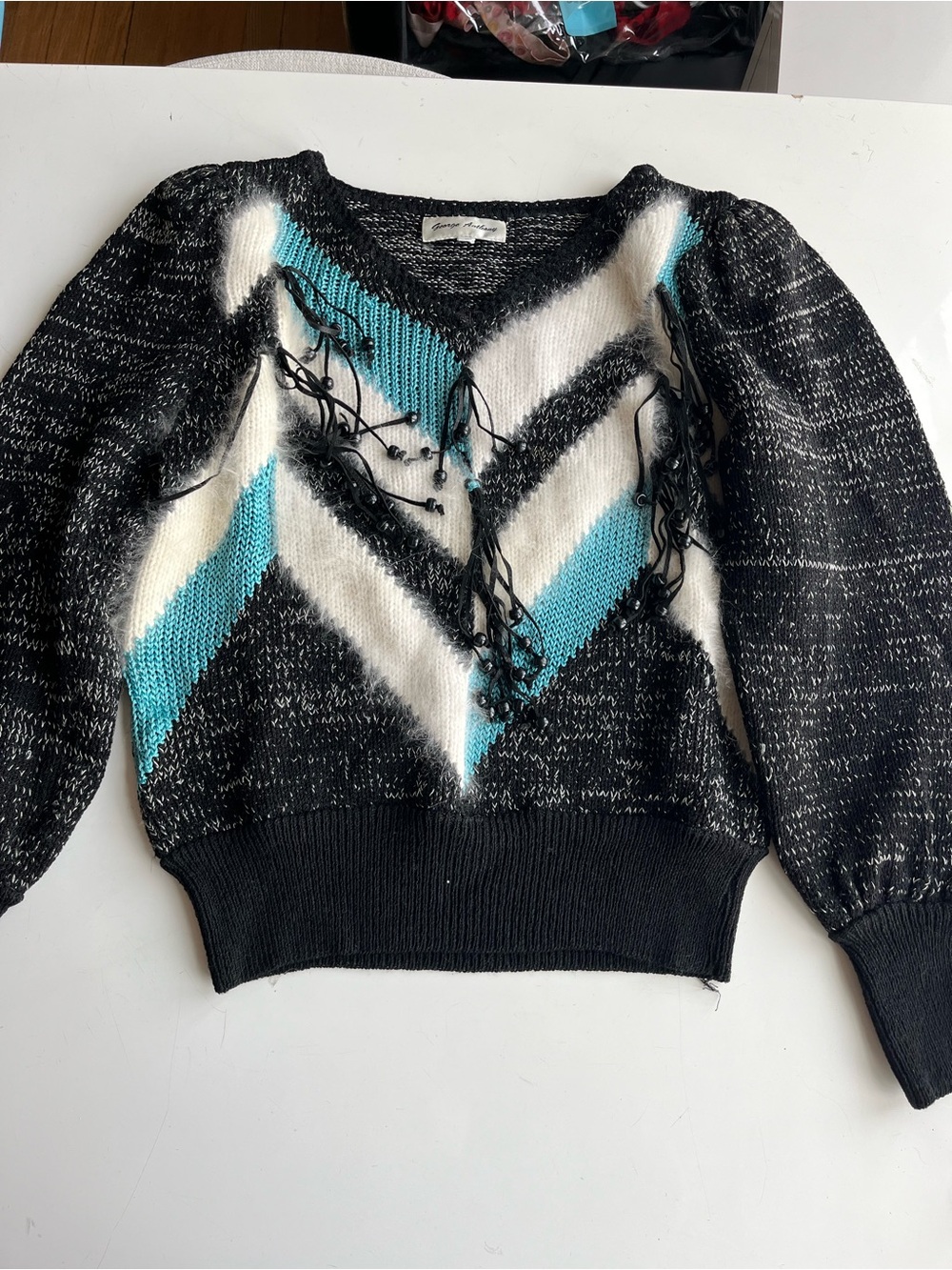 Chevron Fringe Knit Sweater in Black, White & Light Blue